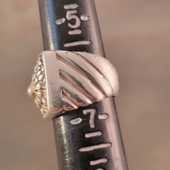 Sterling & 14k Flower Motif Signet Style  Ring - Picture 7 of 10